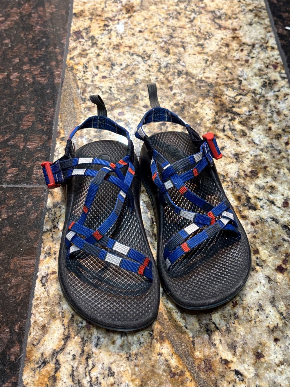 Chaco Kids Blue Webbing Sandals with Red Accents